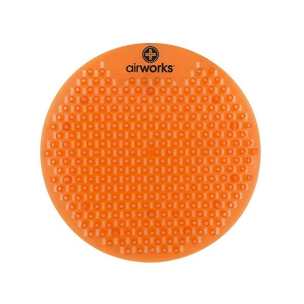 A circular urinal deodorizer in orange.